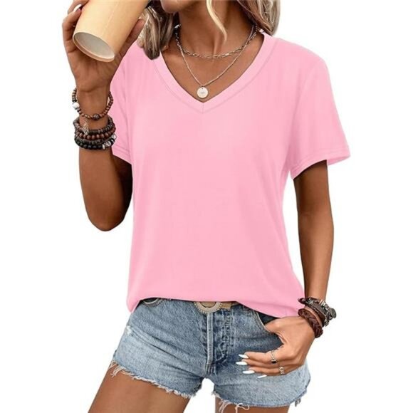 Womens V Neck Short Sleeve Summer T Shirts Curved Hem Plain Top Beach - Picture 7 of 7
